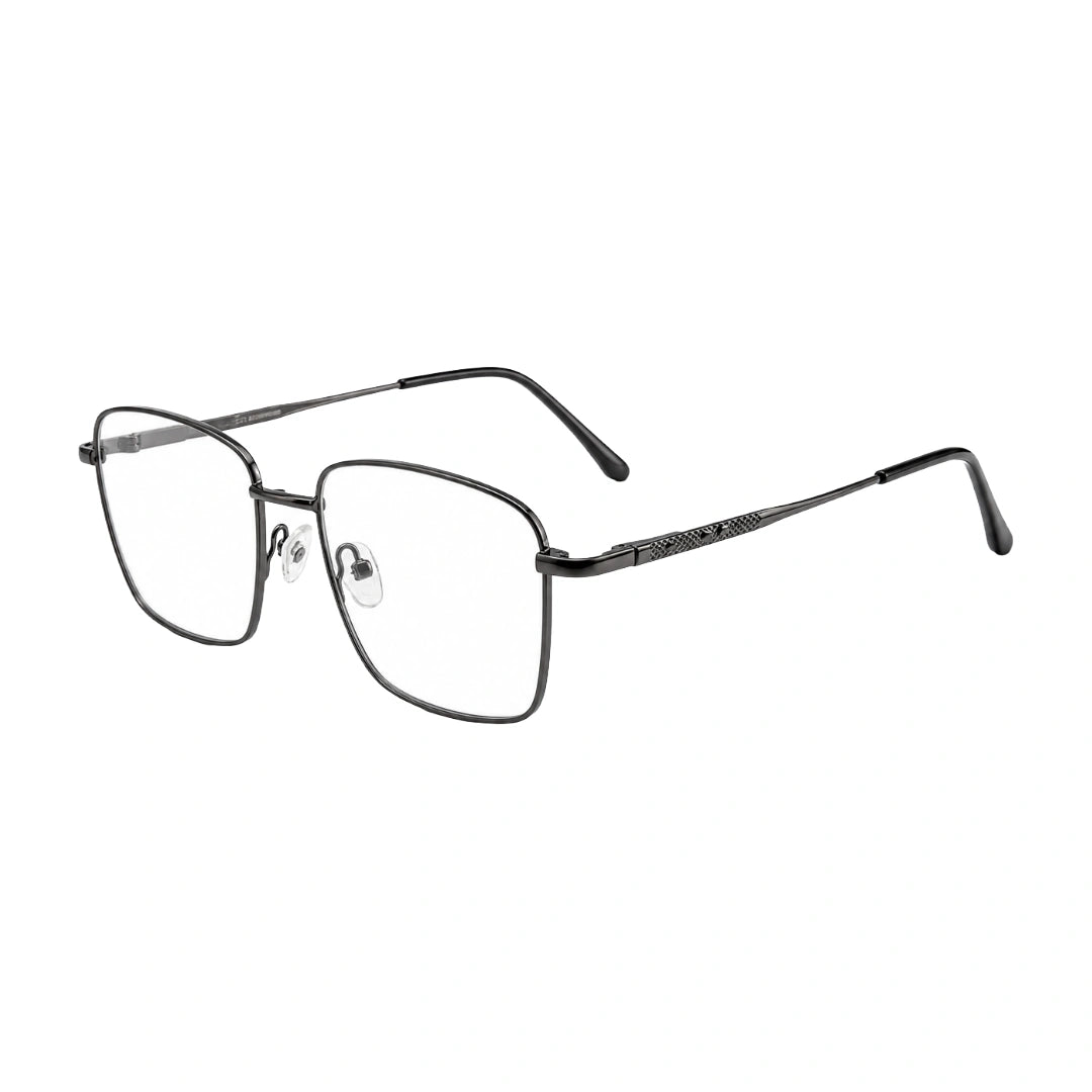 OS Solitude 15112 classic square metal prescription eyeglasses in gunmetal and black, three-quarter angled view