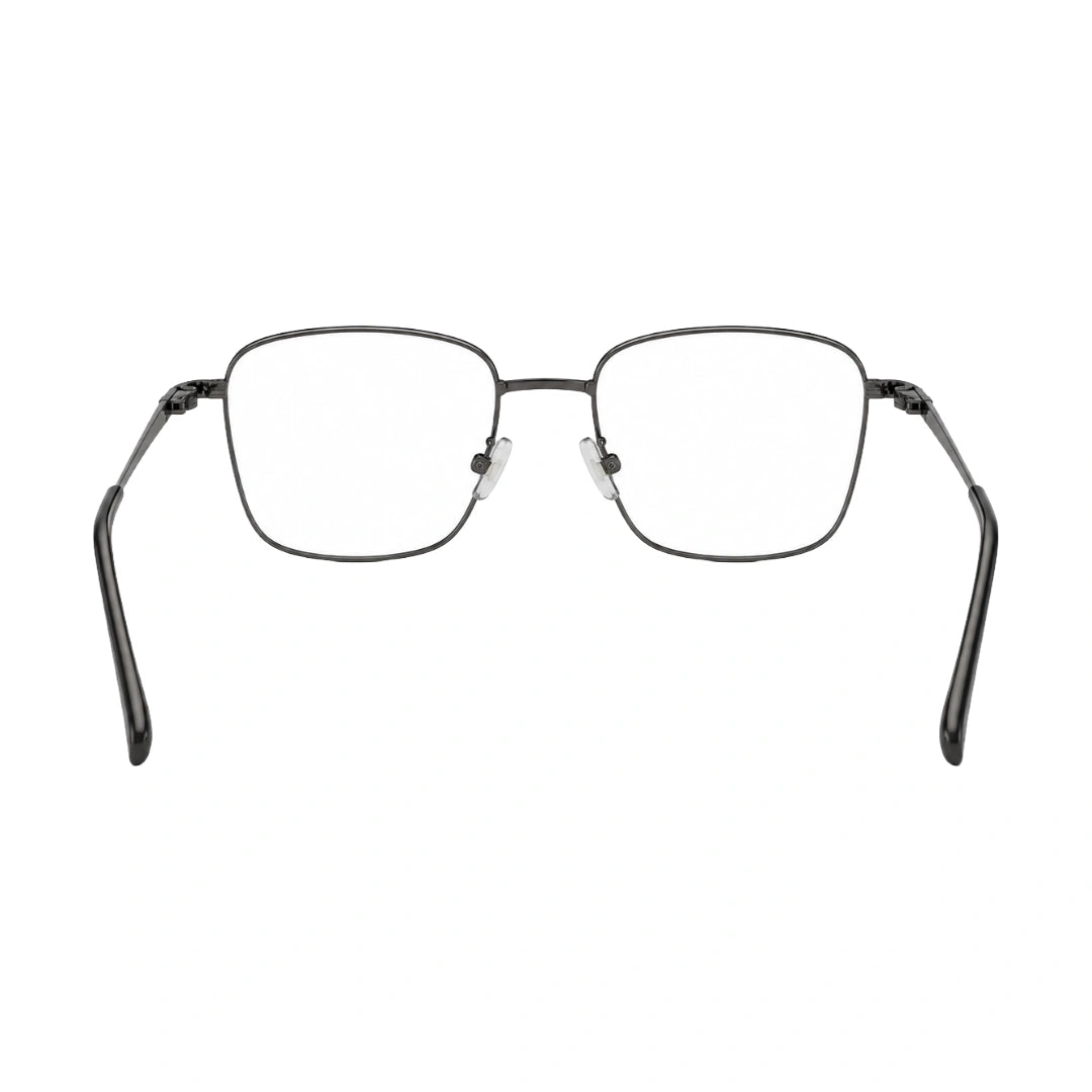 OS Solitude 15112 classic square metal prescription eyeglasses in gunmetal and black, rear view