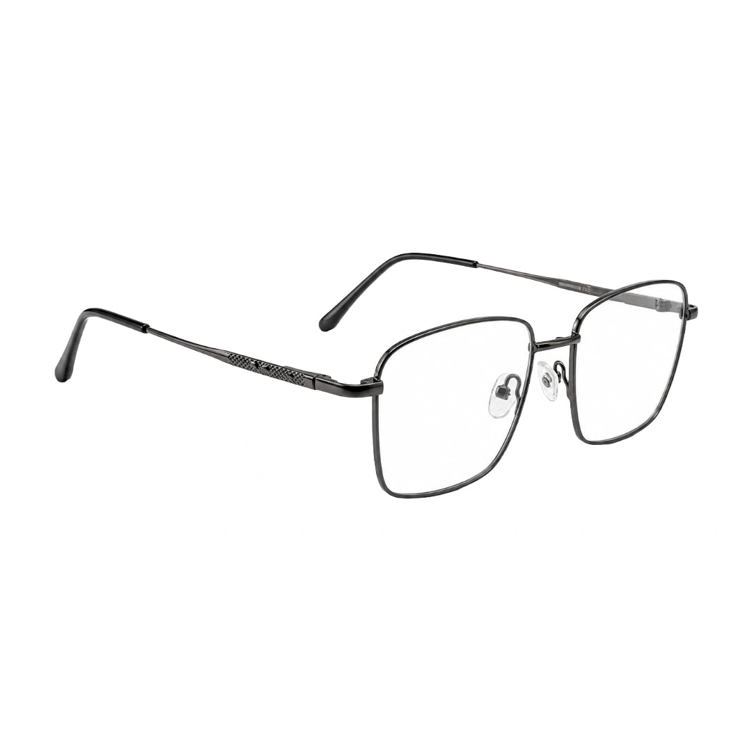 OS Solitude 15112 classic square metal prescription eyeglasses in gunmetal and black, angled view