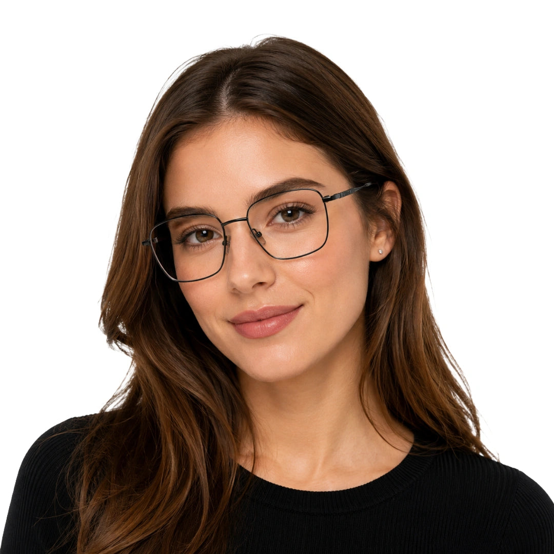 Woman wearing OS Solitude 15112 classic square metal prescription eyeglasses in gunmetal and black
