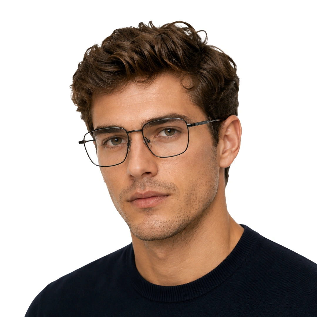 Man wearing OS Solitude 15112 classic square metal prescription eyeglasses in gunmetal and black