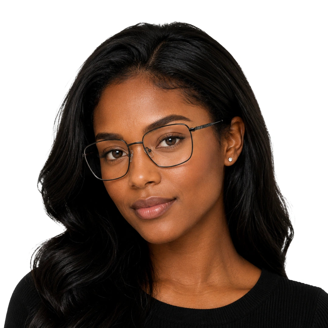 Woman wearing OS Solitude 15112 classic square metal prescription eyeglasses in gunmetal and black, front view