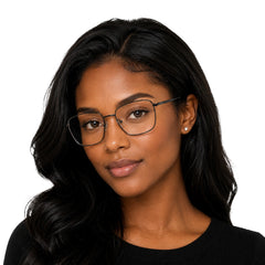 Woman wearing OS Solitude 15112 classic square metal prescription eyeglasses in gunmetal and black, front view