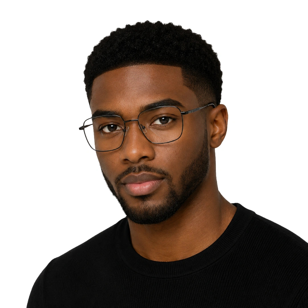 Man wearing OS Solitude 15112 classic square metal prescription eyeglasses in gunmetal and black, front view