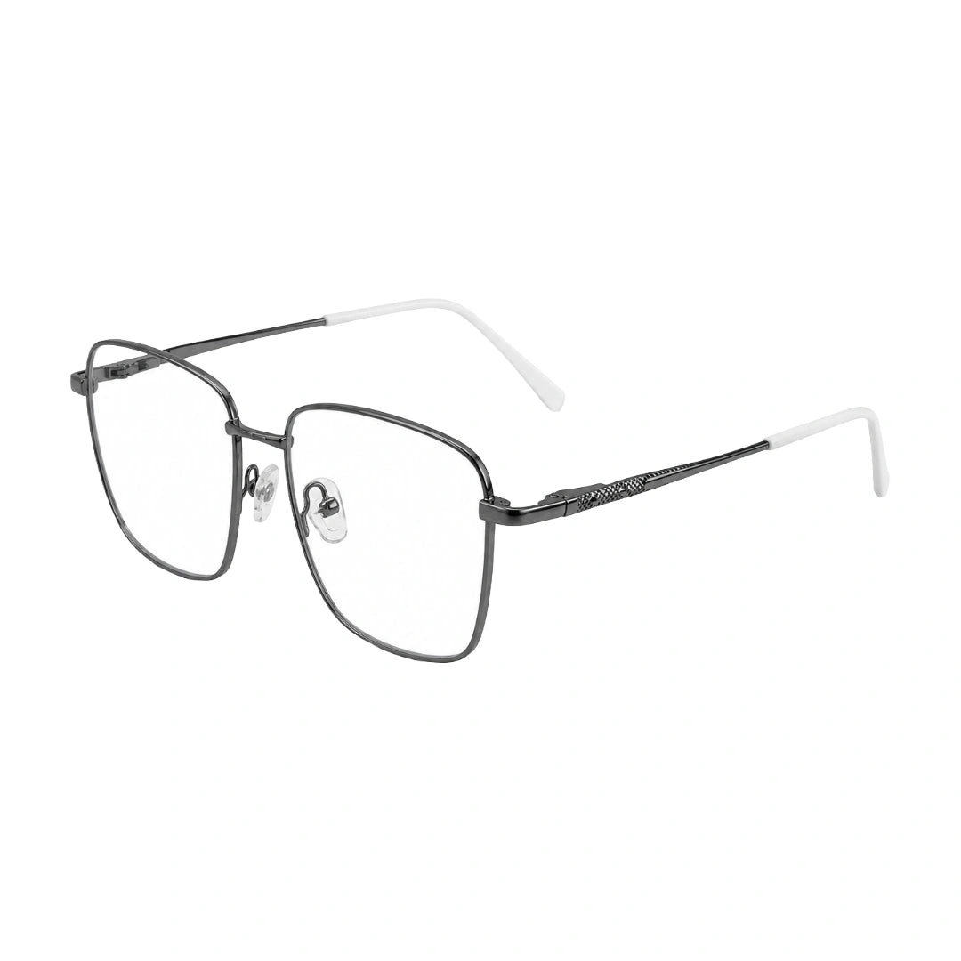 OS Solitude 15112 classic square metal prescription eyeglasses in gunmetal and white, three-quarter angled view