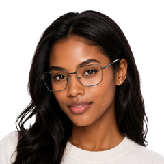 Woman wearing OS Solitude 15112 classic square metal prescription eyeglasses in gunmetal and white