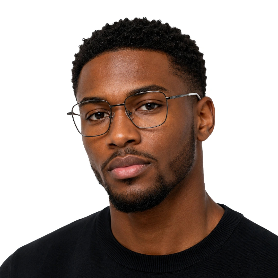 Man wearing OS Solitude 15112 classic square metal prescription eyeglasses in gunmetal and white