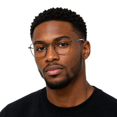 Man wearing OS Solitude 15112 classic square metal prescription eyeglasses in gunmetal and white
