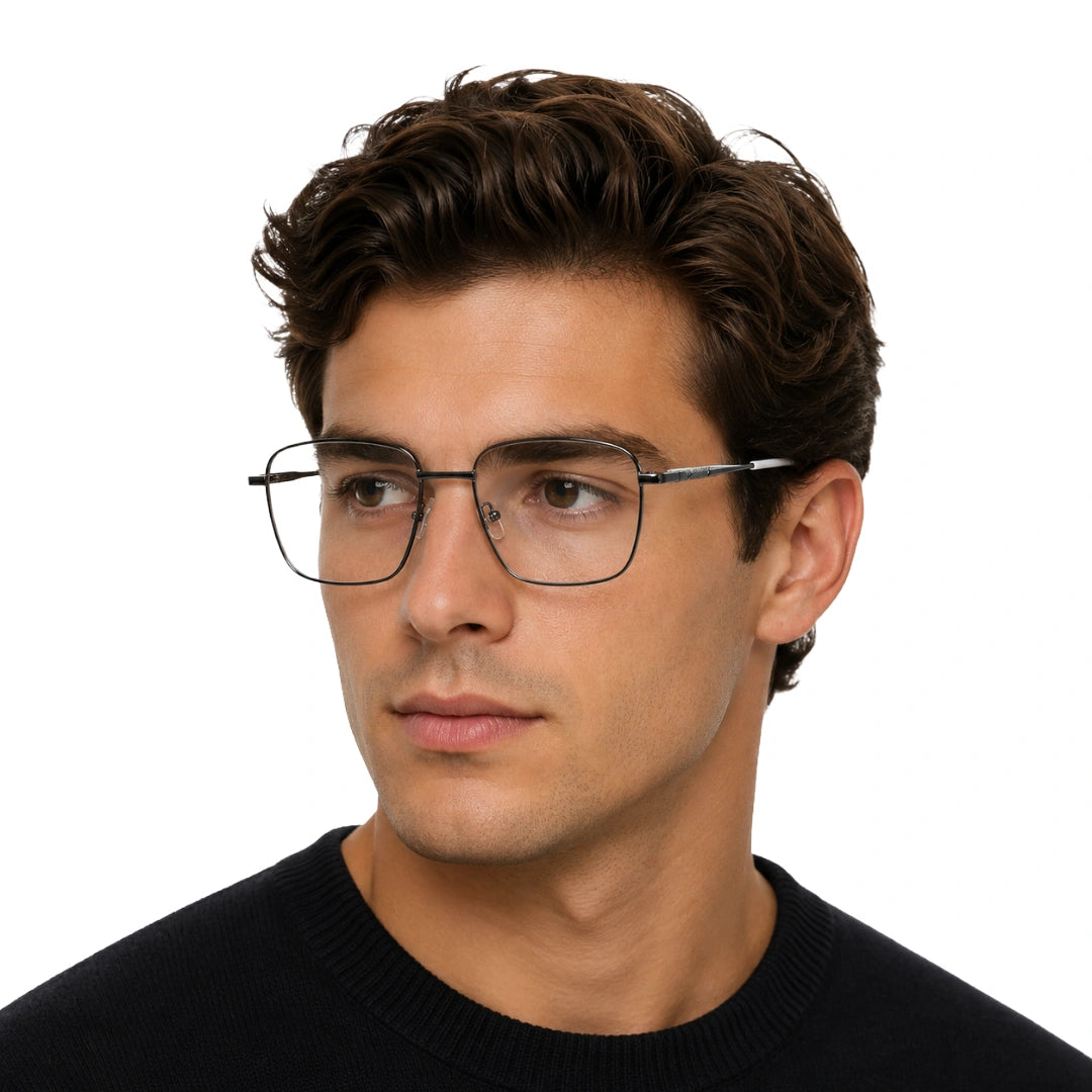 Man wearing OS Solitude 15112 classic square metal prescription eyeglasses in gunmetal and white, front view