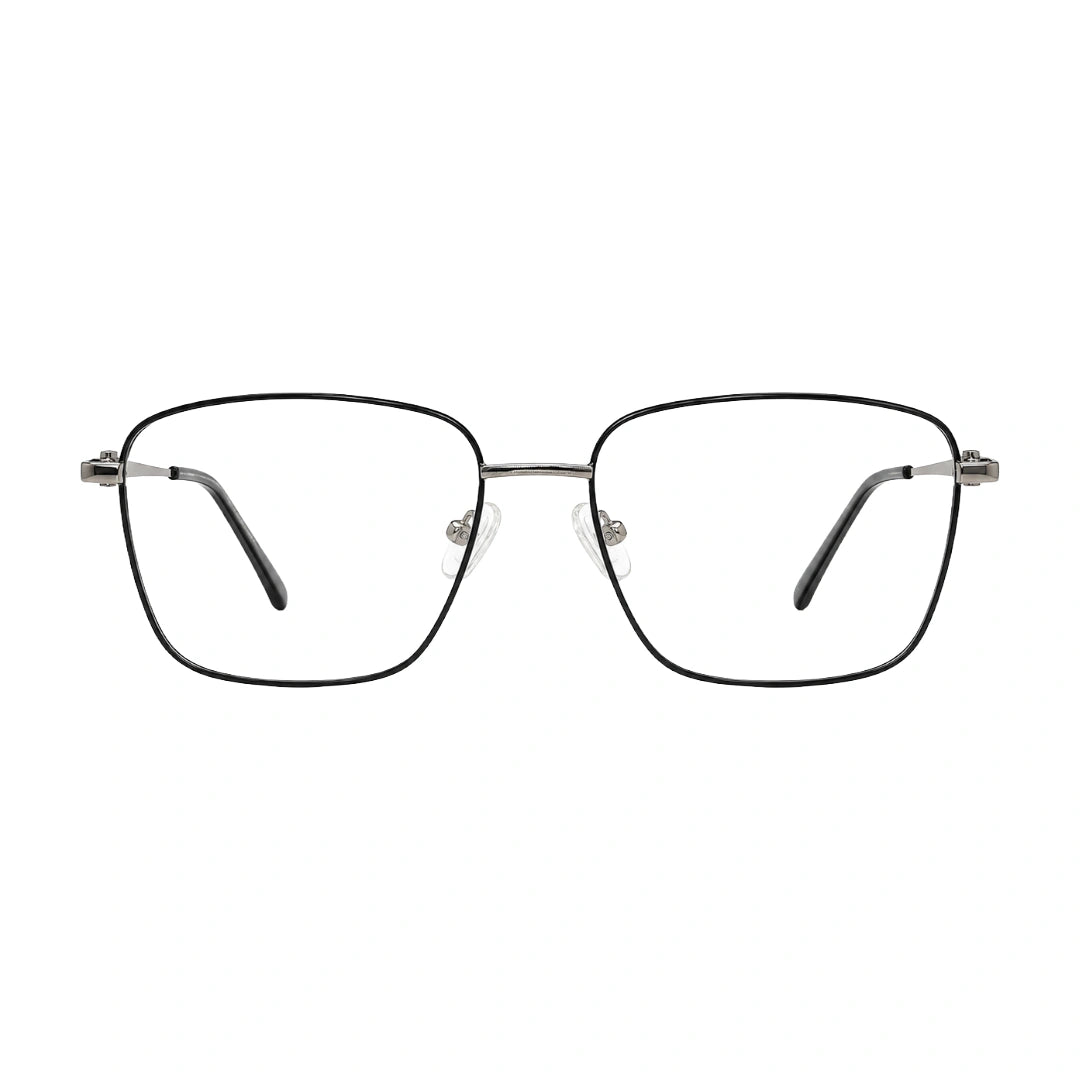 OS Solitude 15112 classic square metal prescription eyeglasses in silver and black, front view