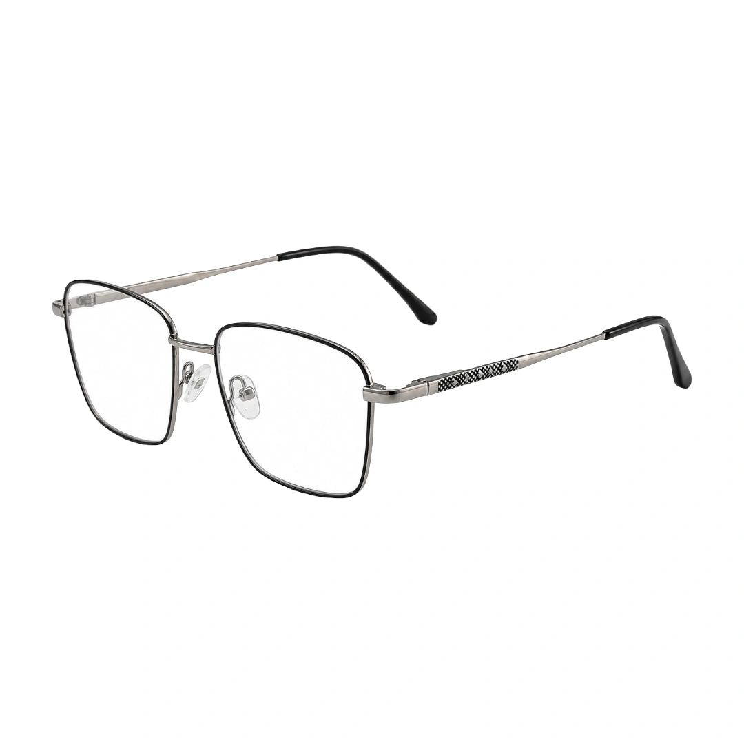 OS Solitude 15112 classic square metal prescription eyeglasses in silver and black, three-quarter angled view