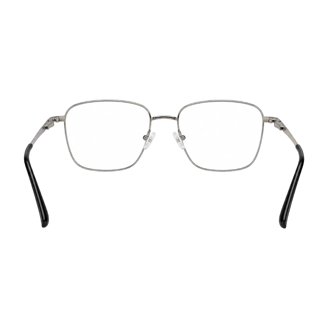 OS Solitude 15112 classic square metal prescription eyeglasses in silver and black, rear view