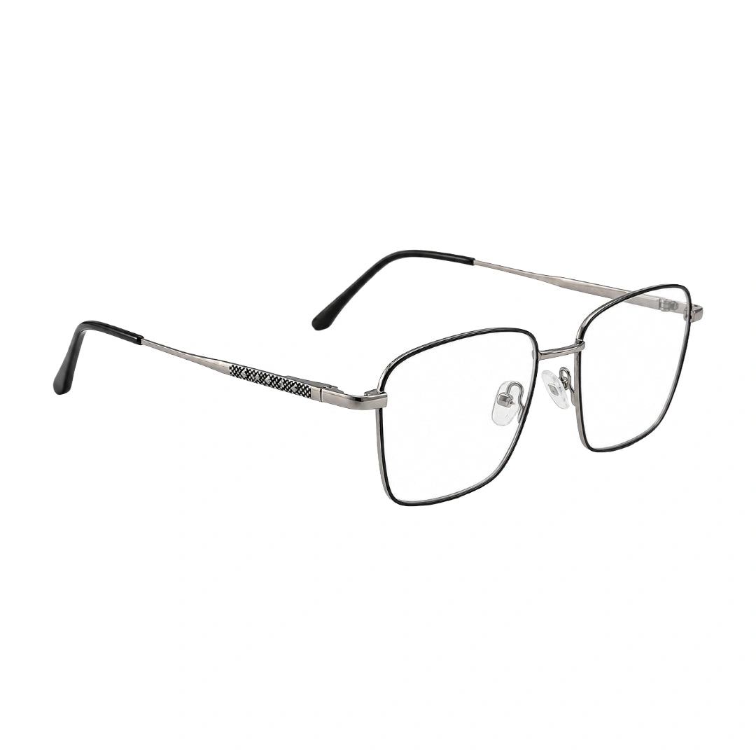 OS Solitude 15112 classic square metal prescription eyeglasses in silver and black, angled view