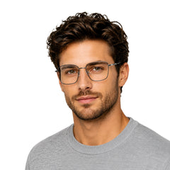 Man wearing OS Solitude 15112 classic square metal prescription eyeglasses in silver and black