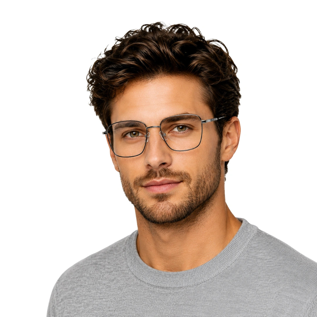 Man wearing OS Solitude 15112 classic square metal prescription eyeglasses in silver and black