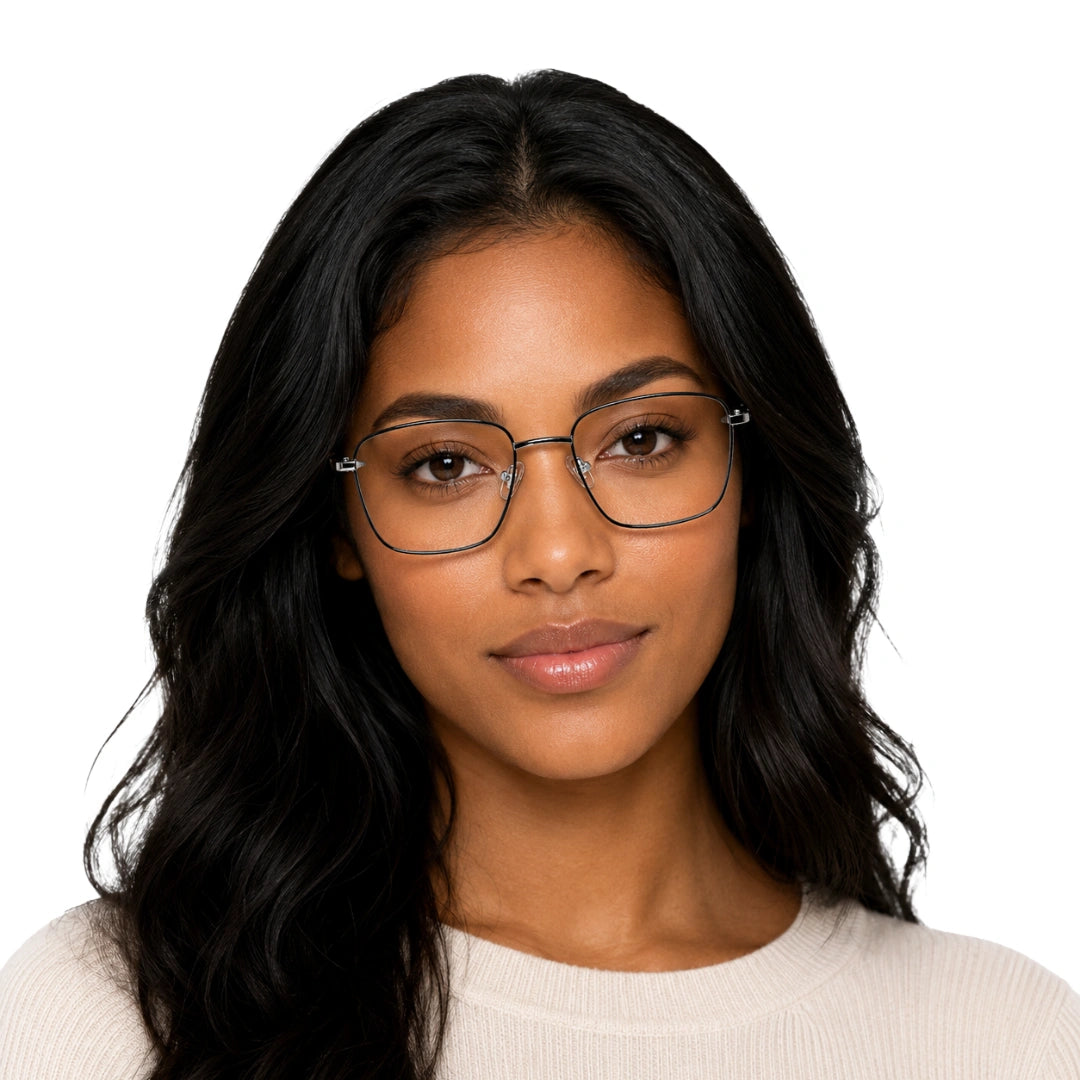 Woman wearing OS Solitude 15112 classic square metal prescription eyeglasses in silver and black, front view