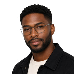 Man wearing OS Solitude 15112 classic square metal prescription eyeglasses in silver and black, front view