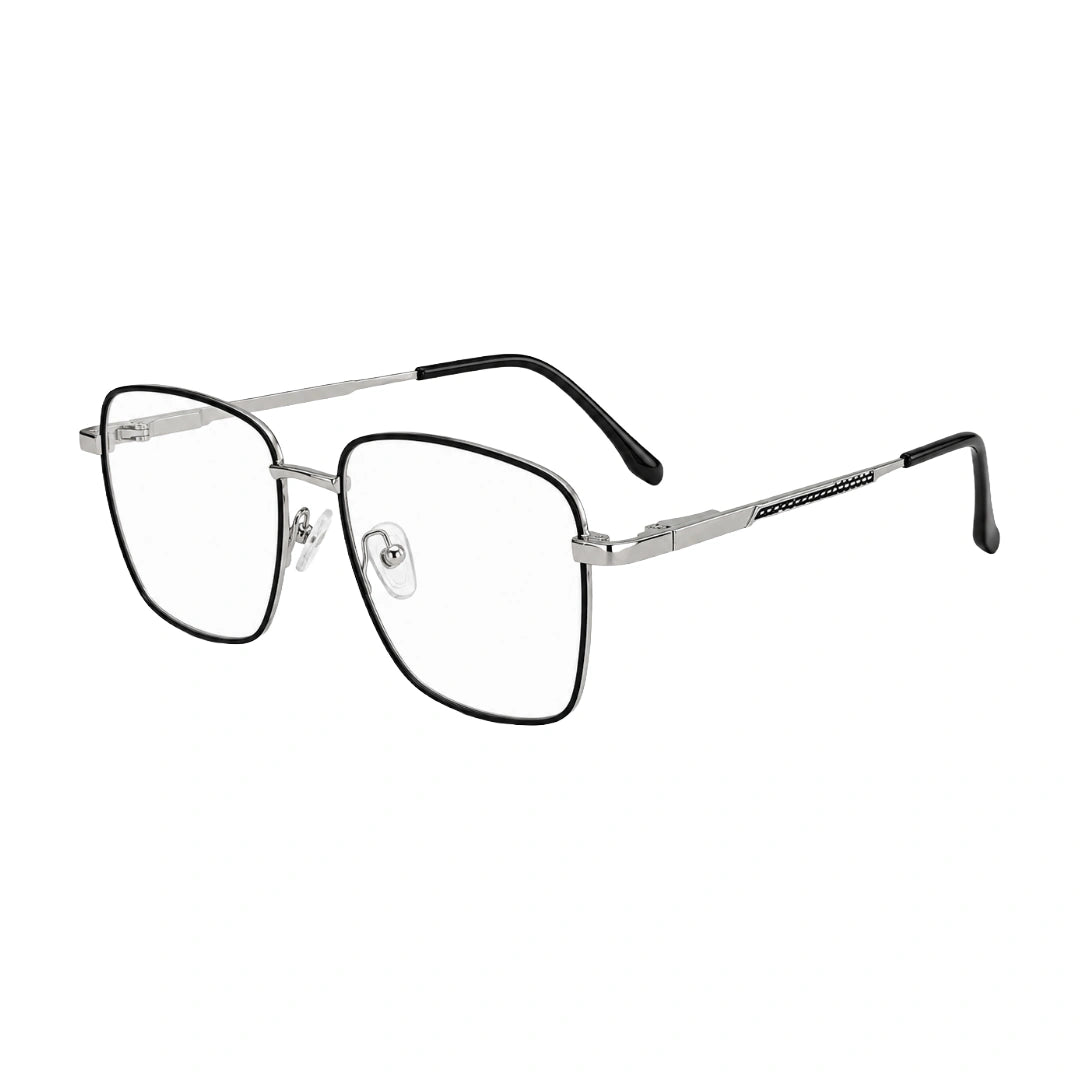 OS SOLITUDE 15115 large square metal prescription eyeglasses in black and silver, three-quarter angled view