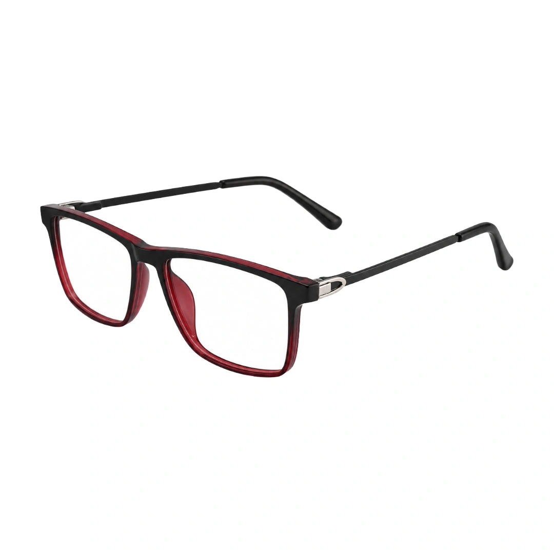 OS Sea Rock 006 full-rim rectangle optical frame in black and red, three-quarter angled view