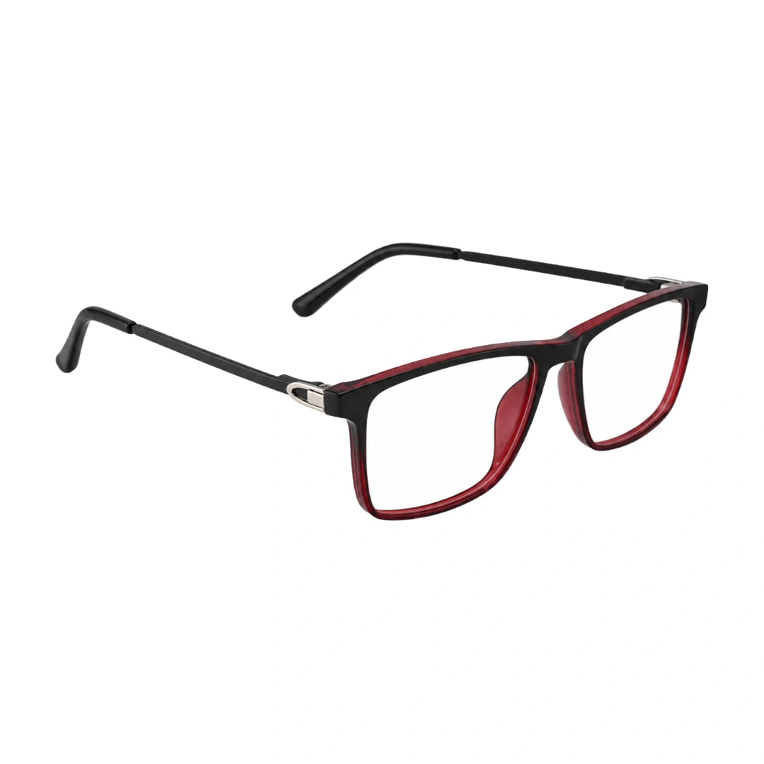 OS Sea Rock 006 full-rim rectangle optical frame in black and red, angled view