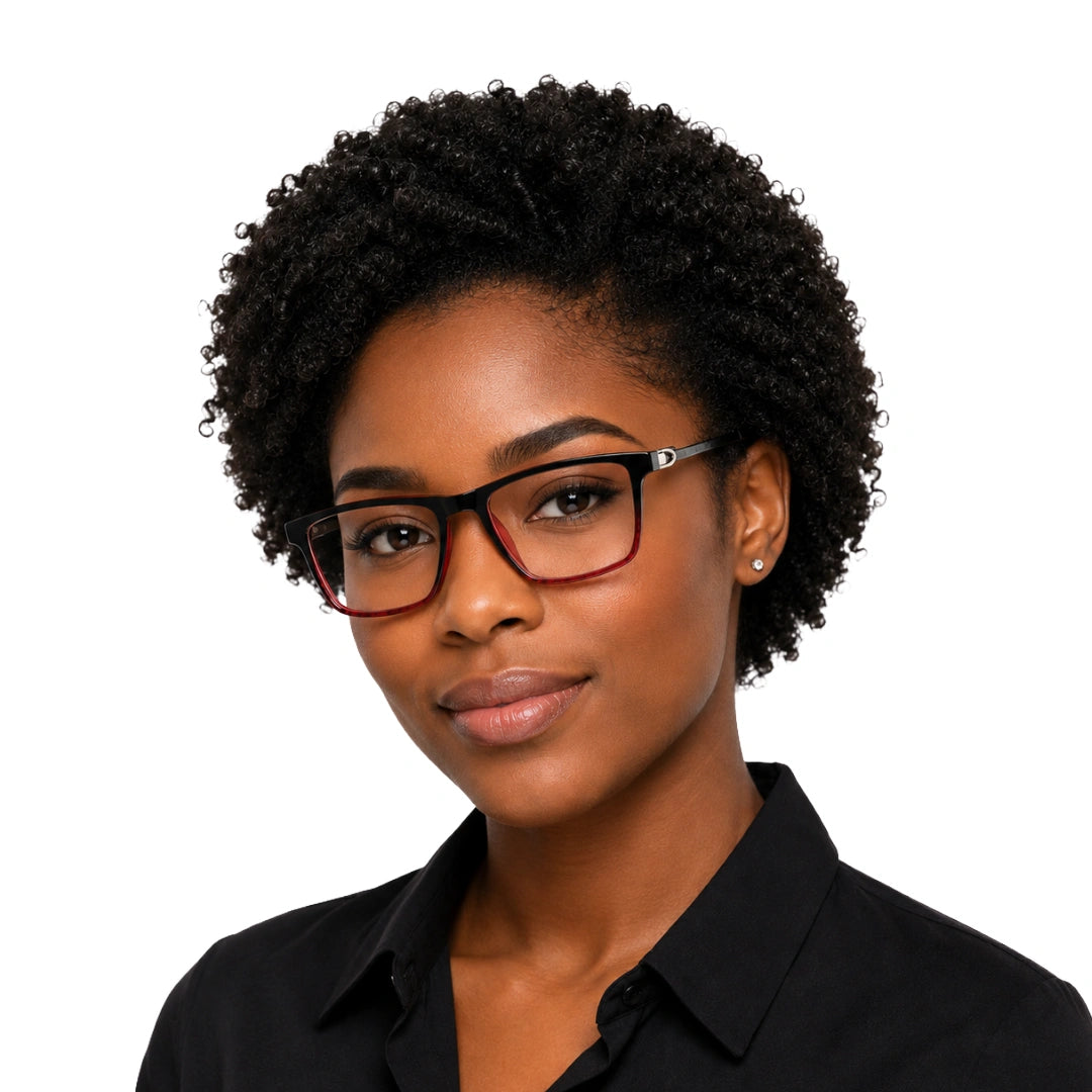 Woman wearing OS Sea Rock 006 full-rim rectangle optical frame in black and red