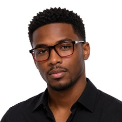 Man wearing OS Sea Rock 006 full-rim rectangle optical frame in black and red