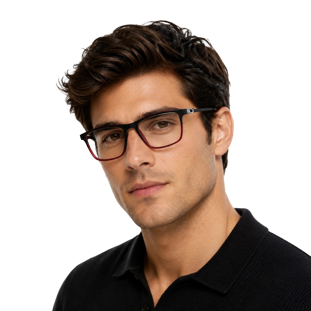 Man wearing OS Sea Rock 006 full-rim rectangle optical frame in black and red, front view