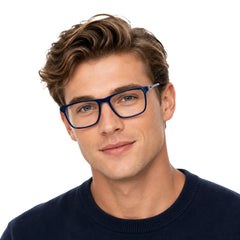 Man wearing OS Sea Rock 006 full-rim rectangle optical frame in blue