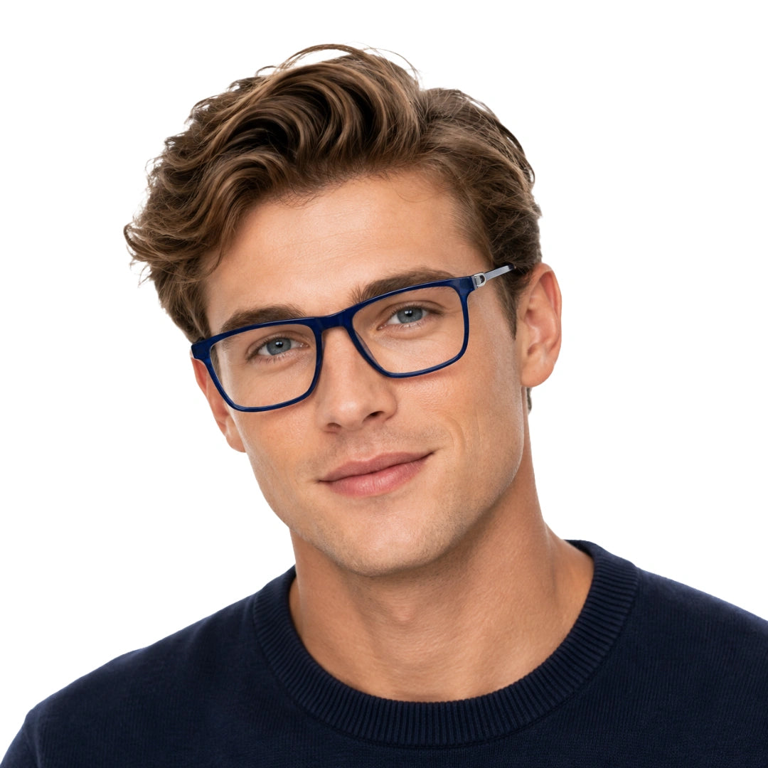 Man wearing OS Sea Rock 006 full-rim rectangle optical frame in blue