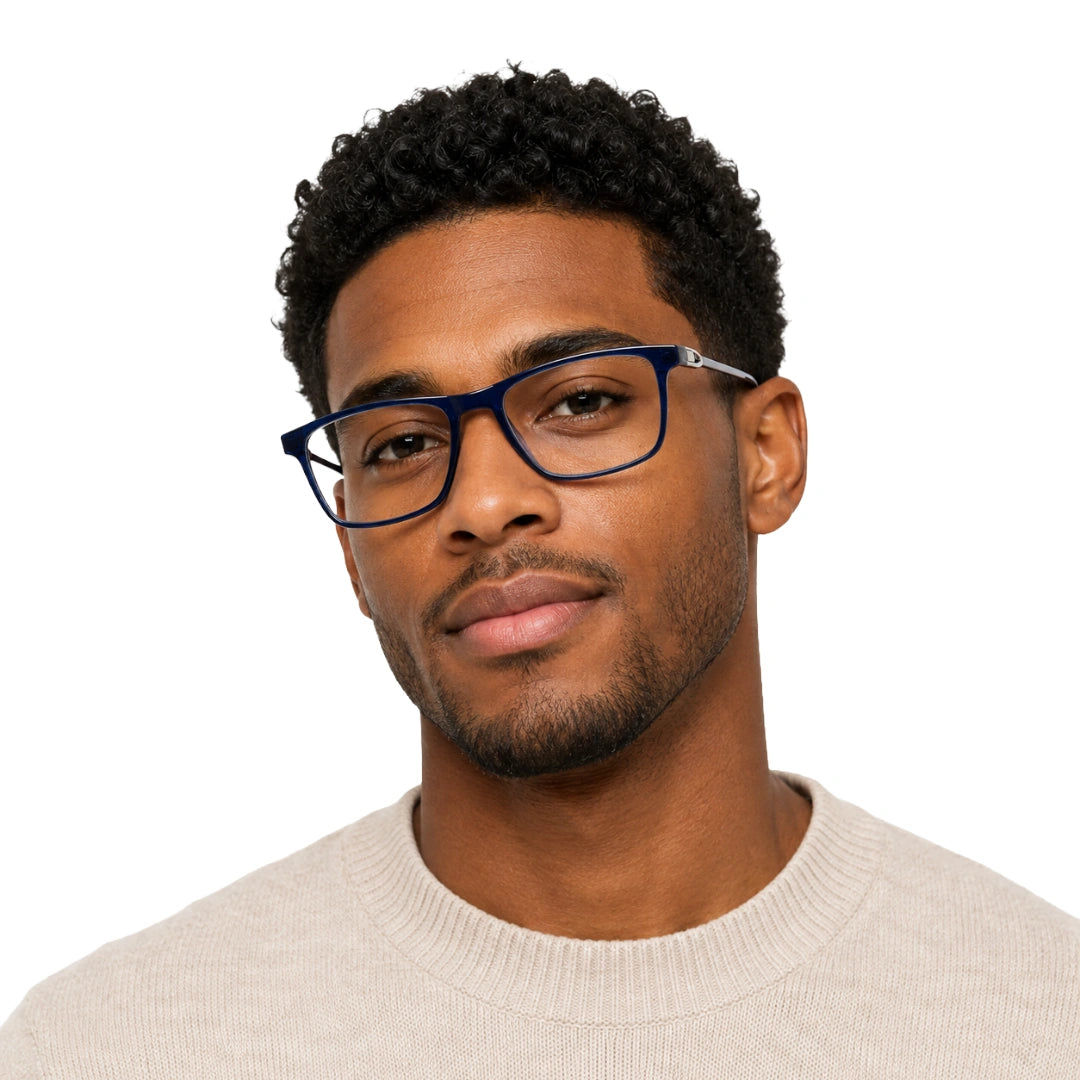 Man wearing OS Sea Rock 006 full-rim rectangle optical frame in blue, front view