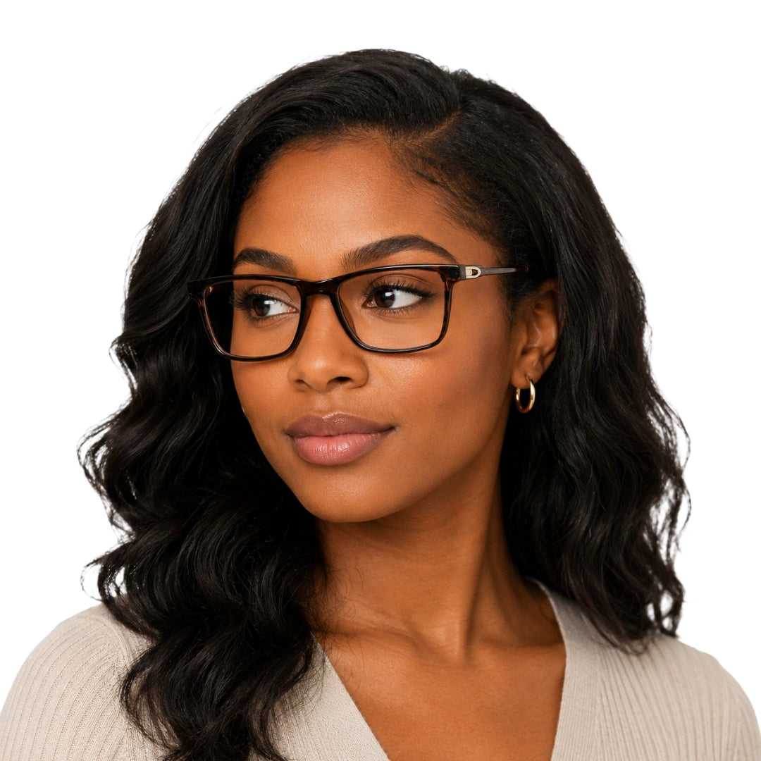 Woman wearing OS Sea Rock 006 full-rim rectangle optical frame in brown