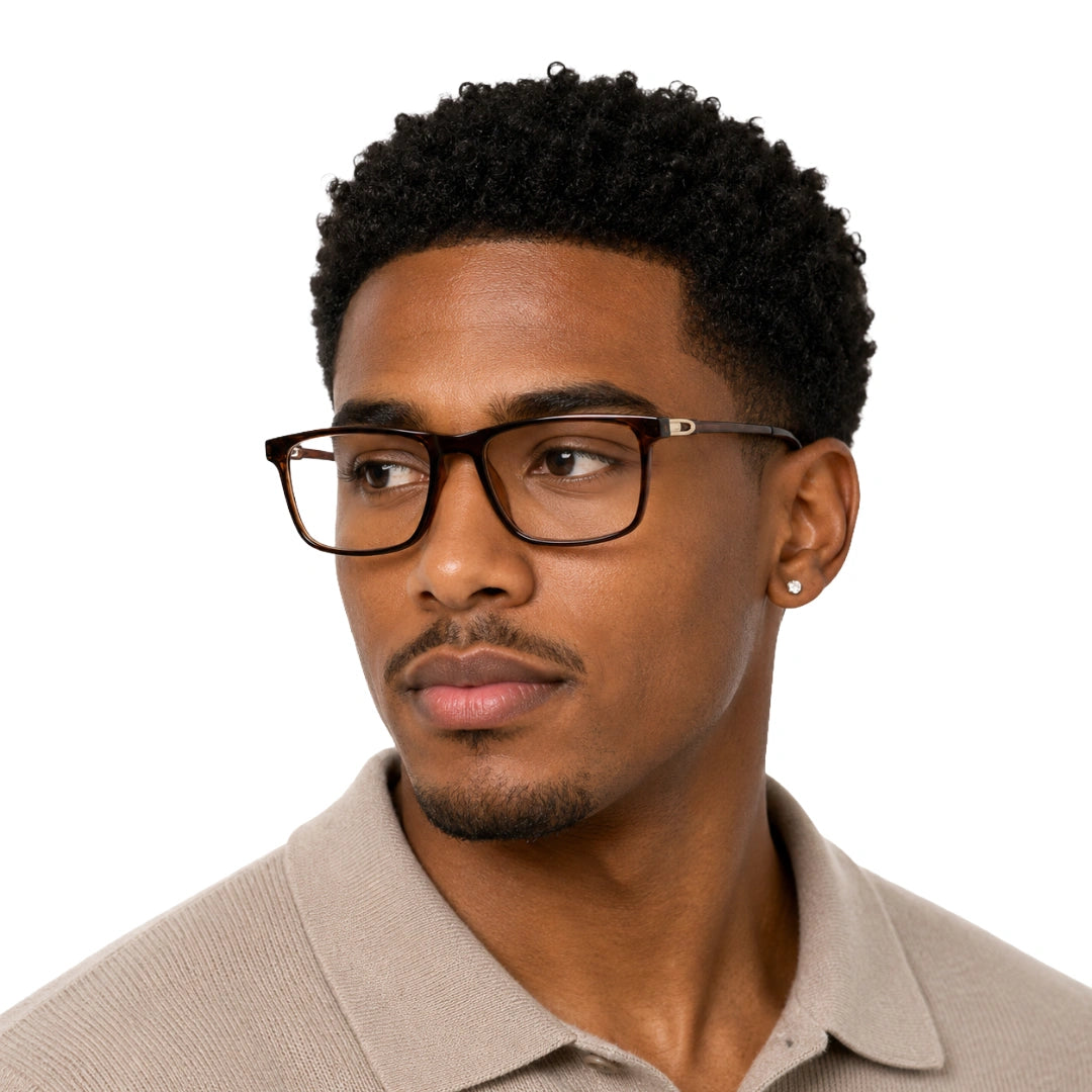 Man wearing OS Sea Rock 006 full-rim rectangle optical frame in brown
