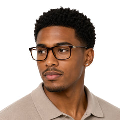 Man wearing OS Sea Rock 006 full-rim rectangle optical frame in brown