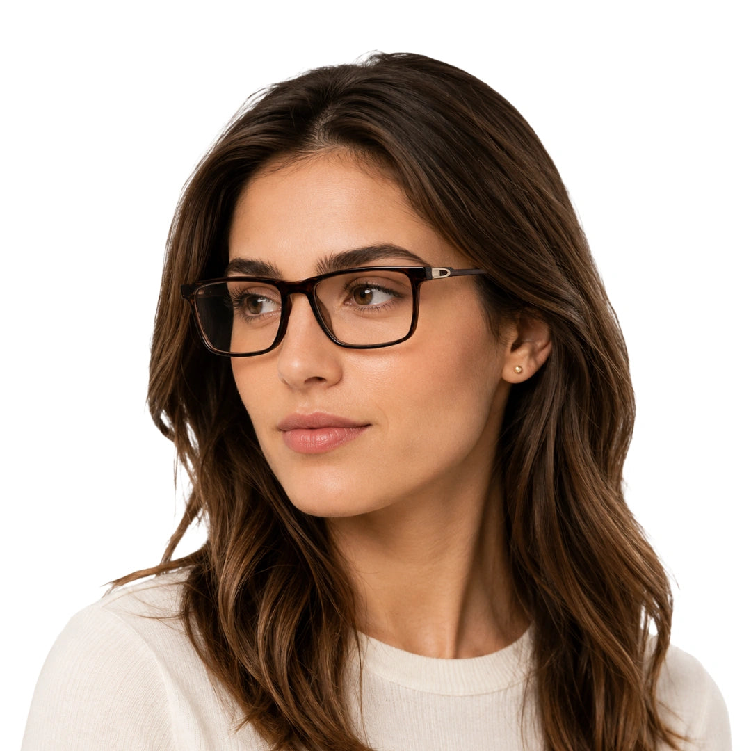 Woman wearing OS Sea Rock 006 full-rim rectangle optical frame in brown, front view