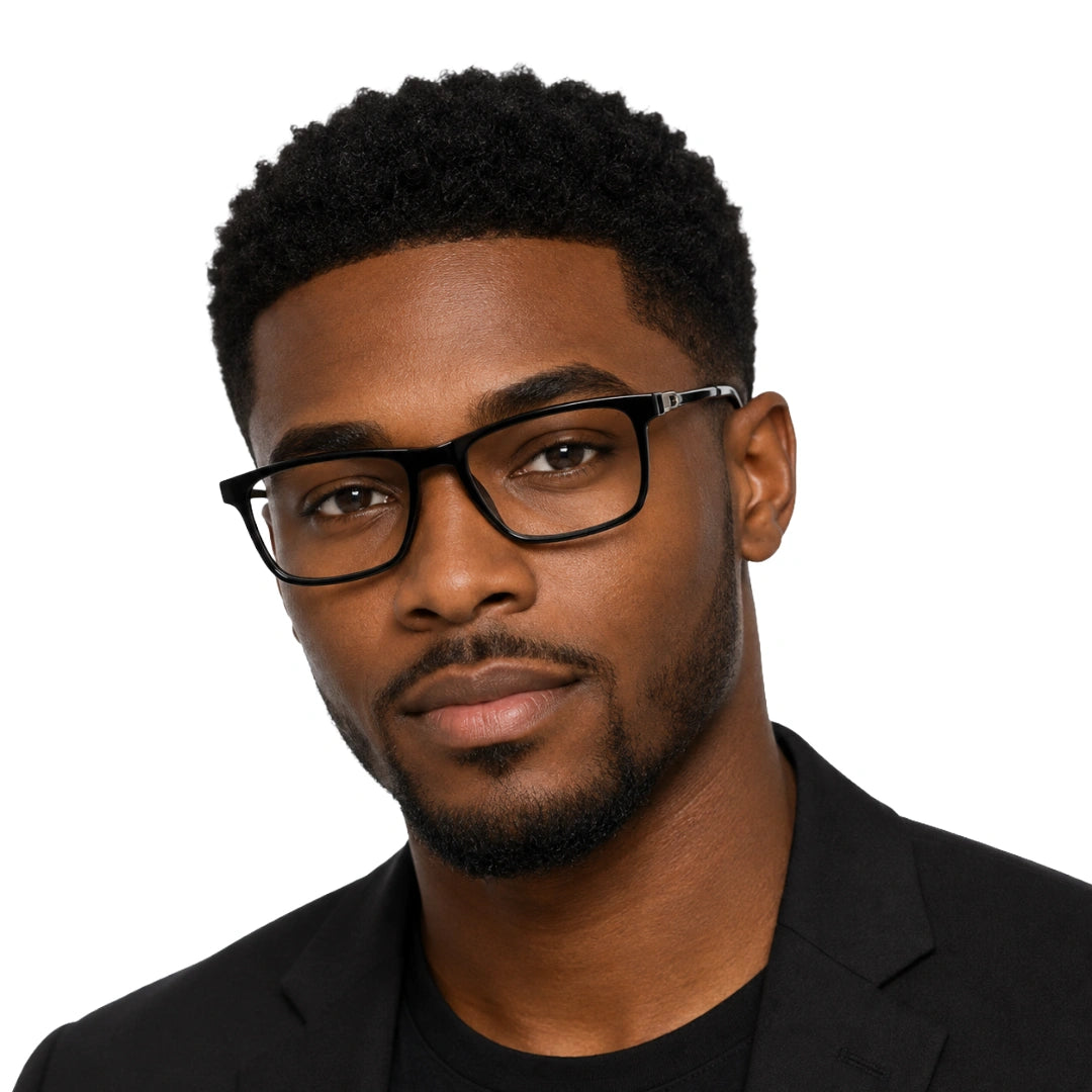 Man wearing OS Sea Rock 006 full-rim rectangle optical frame in glossy black