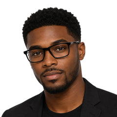 Man wearing OS Sea Rock 006 full-rim rectangle optical frame in glossy black