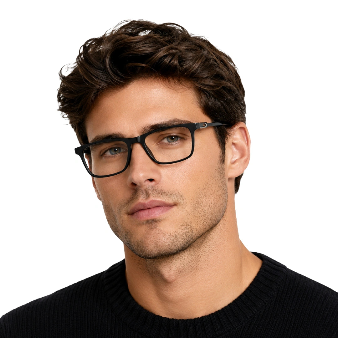 Man wearing OS Sea Rock 006 full-rim rectangle optical frame in glossy black, front view