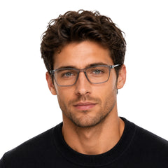Man wearing OS Sea Rock 006 full-rim rectangle optical frame in grey