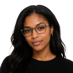 Woman wearing OS Sea Rock 006 full-rim rectangle optical frame in grey, front view