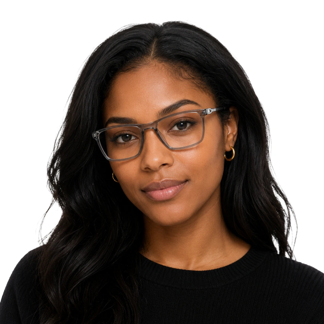 Woman wearing OS Sea Rock 006 full-rim rectangle optical frame in grey, front view