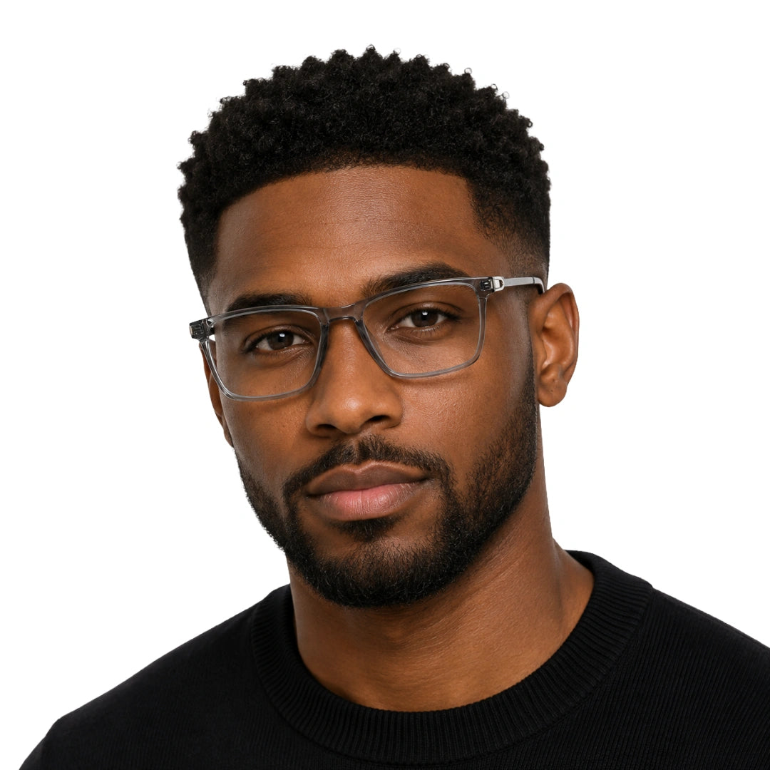 Man wearing OS Sea Rock 006 full-rim rectangle optical frame in grey, front view