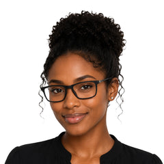 Woman wearing OS Sea Rock 006 full-rim rectangle optical frame in matte black