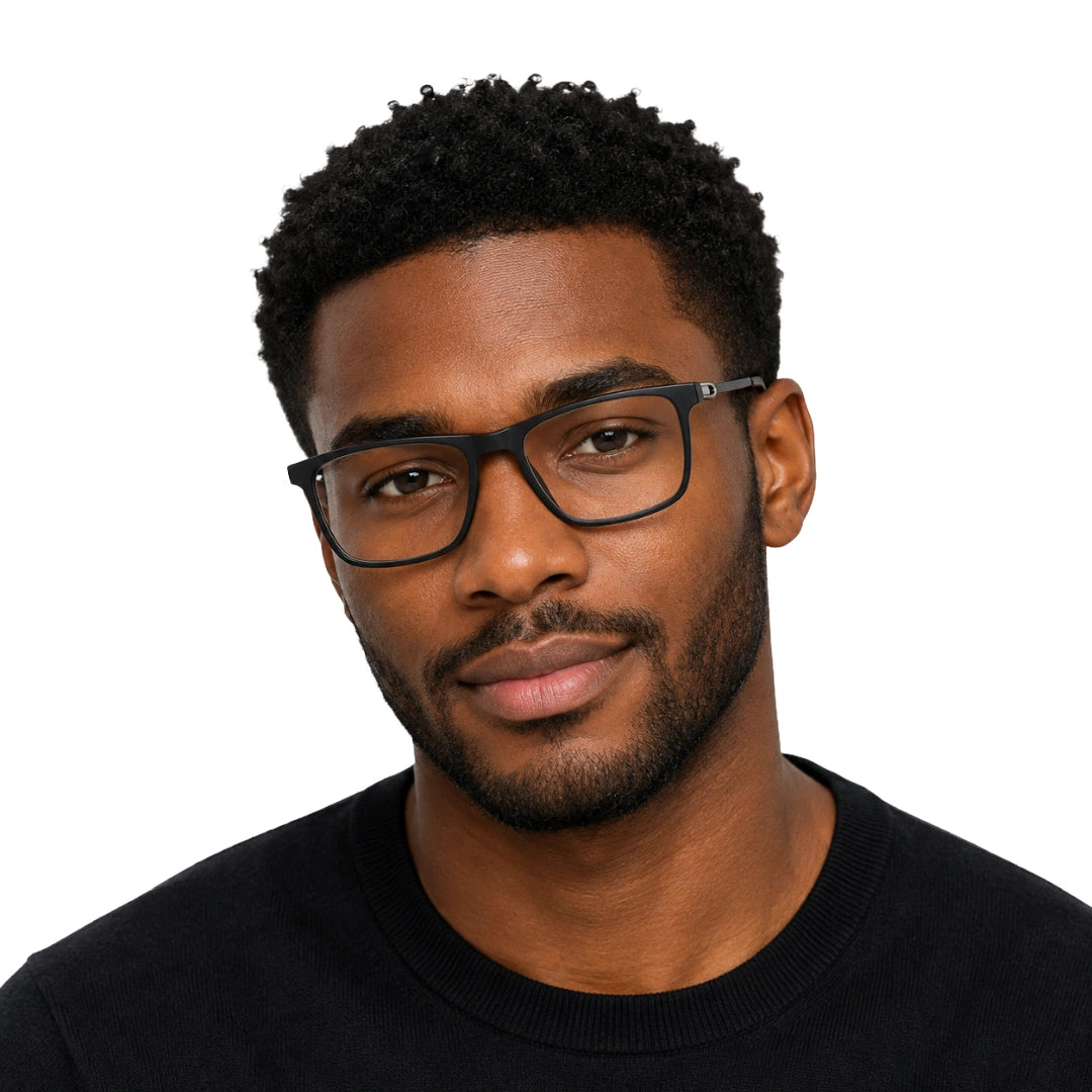 Man wearing OS Sea Rock 006 full-rim rectangle optical frame in matte black