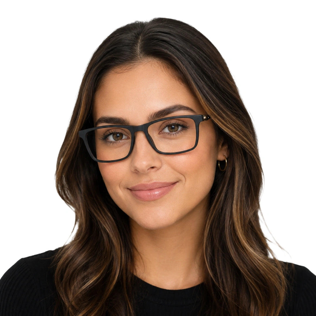 Woman wearing OS Sea Rock 006 full-rim rectangle optical frame in matte black, front view