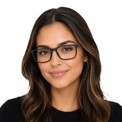 Woman wearing OS Sea Rock 006 full-rim rectangle optical frame in matte black, front view