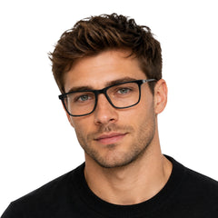 Man wearing OS Sea Rock 006 full-rim rectangle optical frame in matte black, front view
