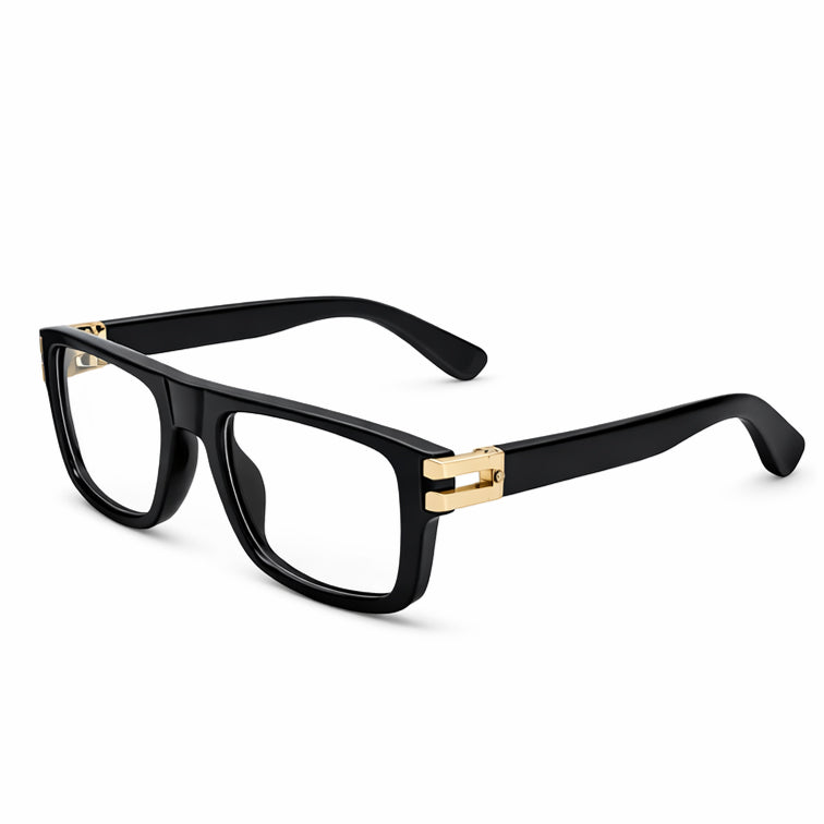 Black Rectangular Eyeglasses with Bold Gold Temple Accents