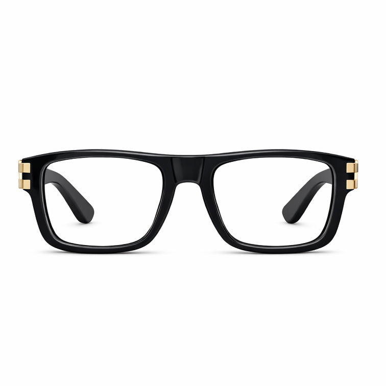 Black Rectangular Eyeglasses with Bold Gold Temple Accents