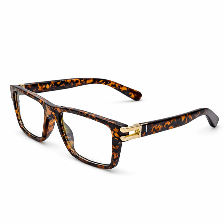 Tortoise Square Eyeglasses with Bold Gold Metal Hinges