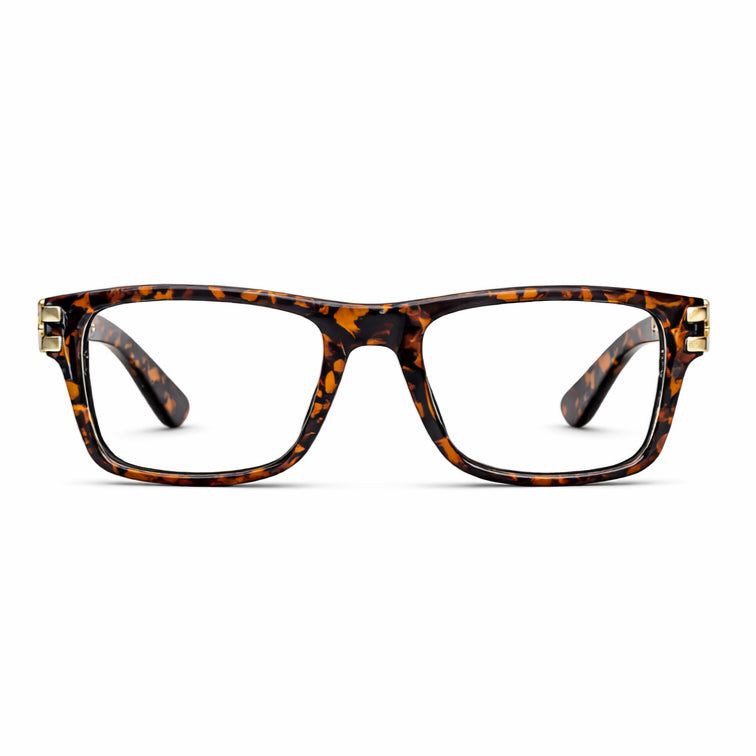 Tortoise Square Eyeglasses with Bold Gold Metal Hinges